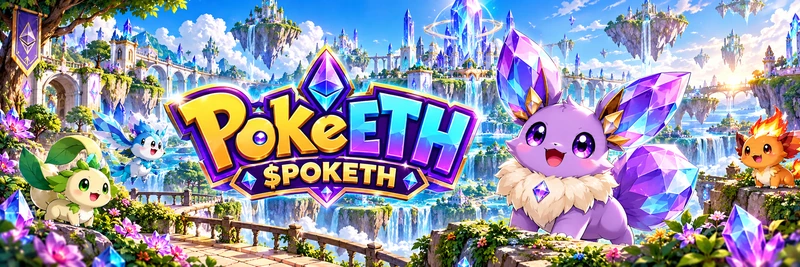 PokeETH banner with Ethchu and the sparkling crystal towers of Etherwild
